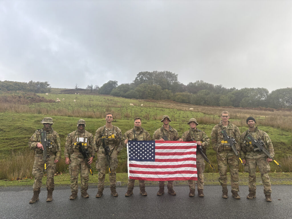 Members of the VMI Army ROTC Ranger Challenge team display their patriotism at Exercise
Cambrian Patrol in the Brecon Beacons, a mountain range in Wales. Photo: VMI Army ROTC.