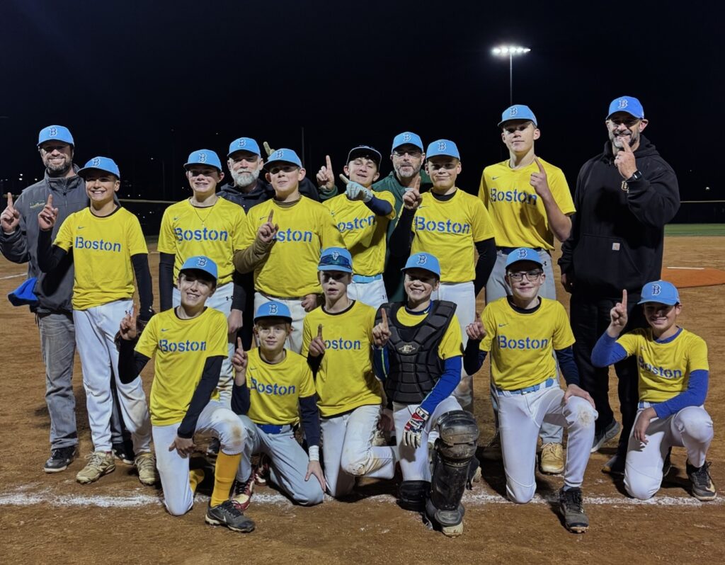 Upper Loudoun Red Sox. Front row (L–R): Liam Cross, Joseph Frankel, Dylan Mumford, Duke Michon, Nathan Carpenter, Peter Ceigersmidt. Back row (L–R): Coach Brandon Michon, Henry Heidarpour, Reeve Smith, Coach Shane Conrad, Wyatt Conrad, Connor Bradley Seng, Coach Jeff Mumford, Braden Stotlar, Logan Stotlar, Manager Will Smith.  