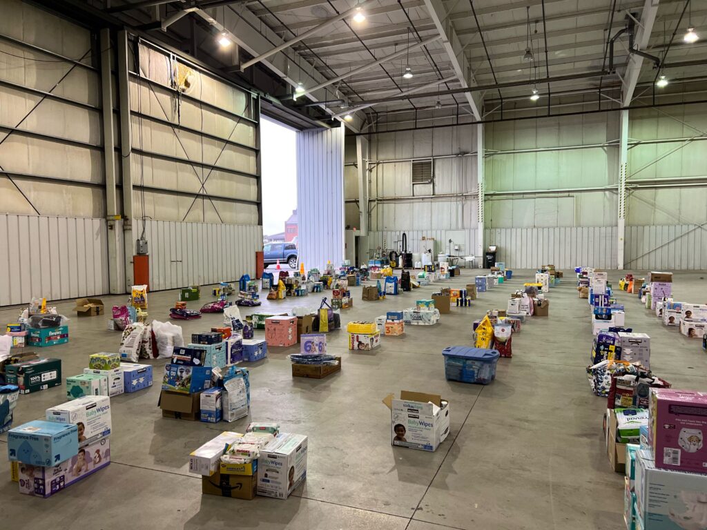 Supplies being packed at Kuhn Aviation’s hangar in Leesburg.